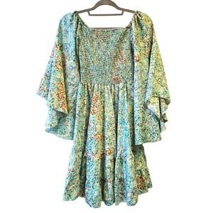 Zury Bohemian Style Dress Free Size Silk Smocked Bell Sleeve